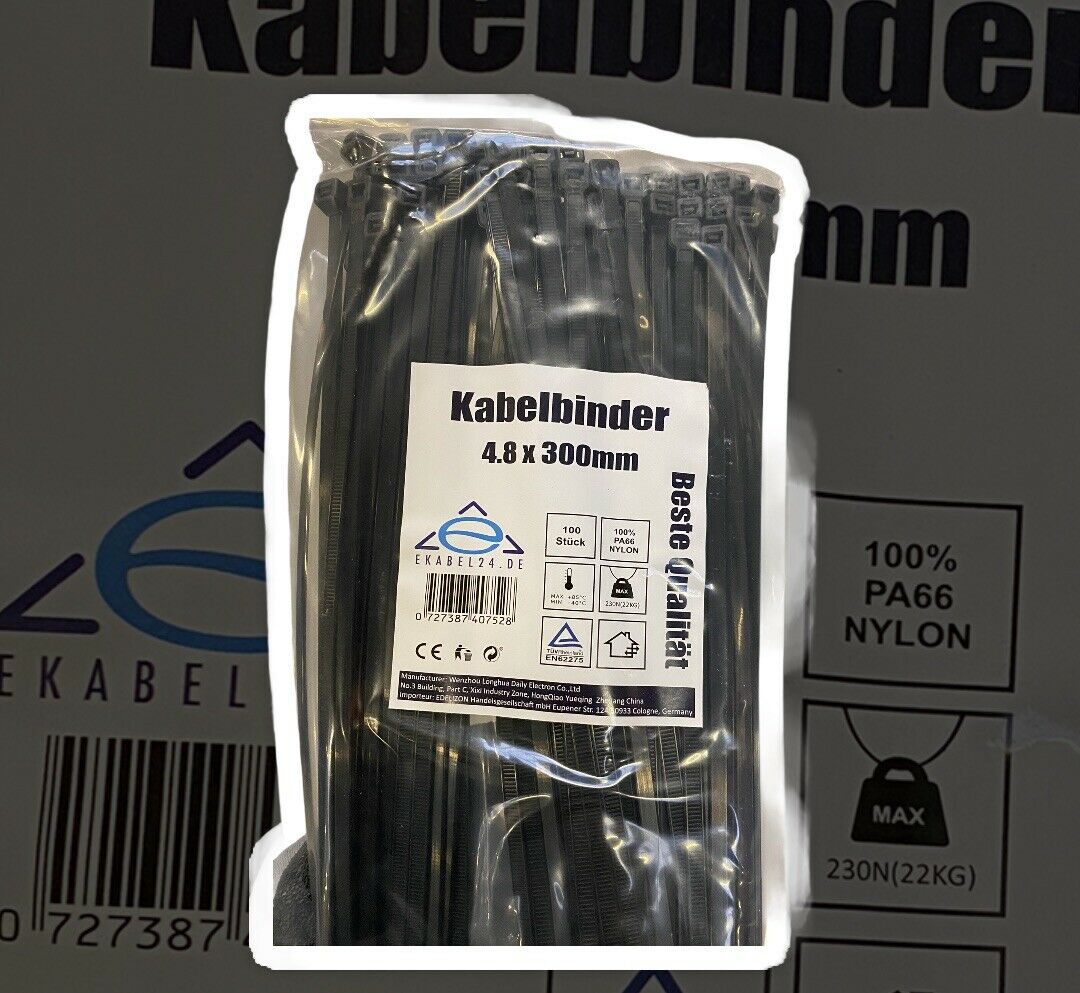 Kabelbinder Set 100 Stück 7.6x370mm schwarz
