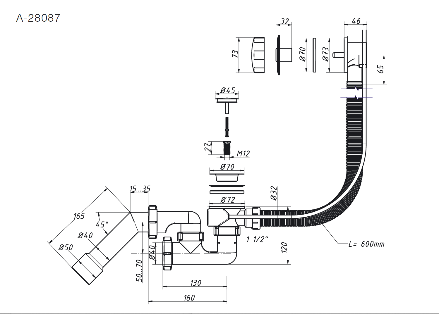 Badewannensiphon 1 1/2", verstellbar, halbautomatisch, mit Überlauf und Adapterrohr 45°